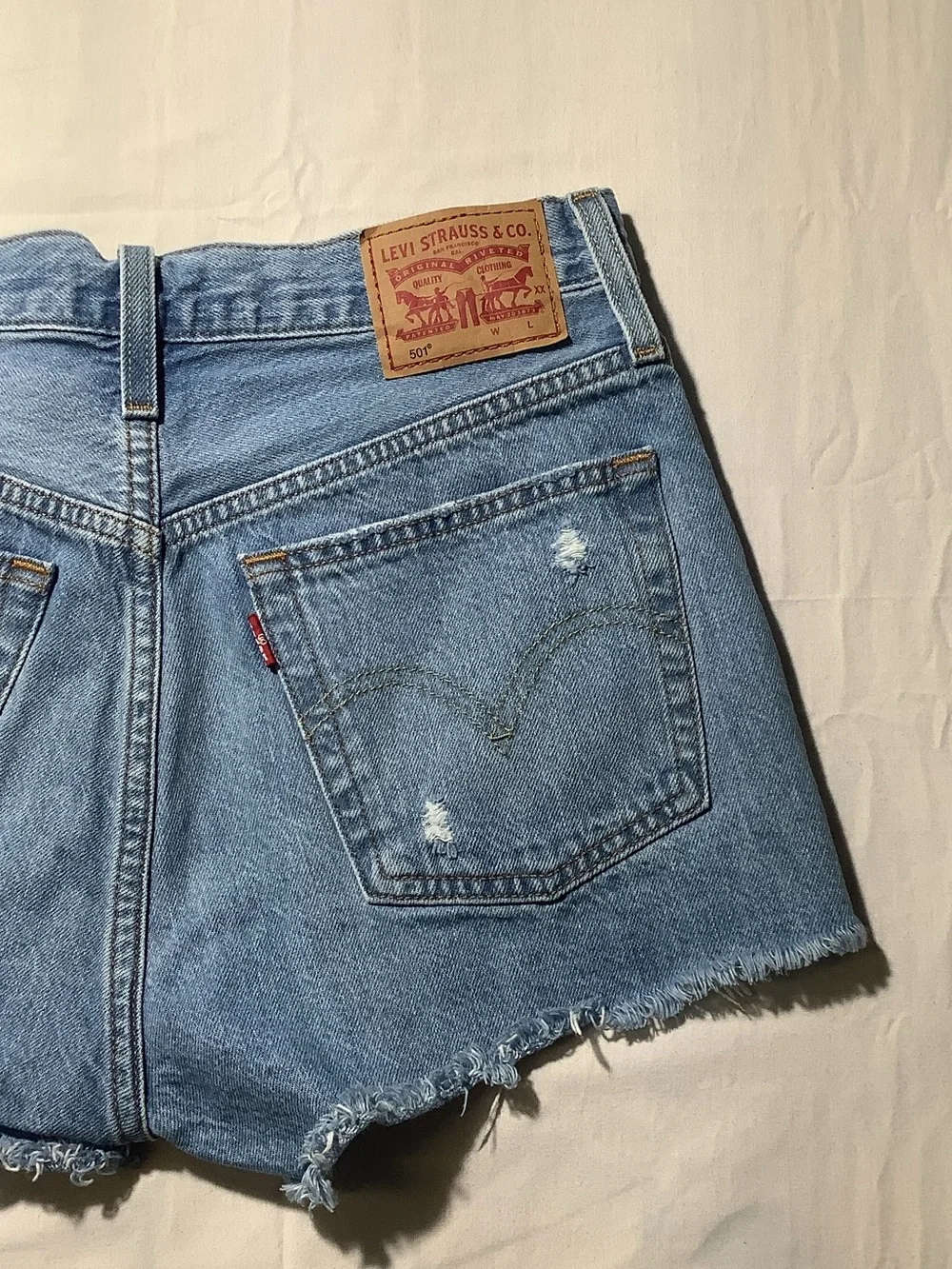 Levi's 501 Light Blue Distressed Denim Cutoff Shorts 26W